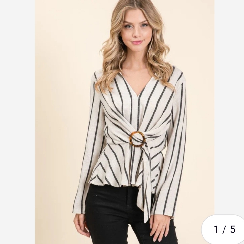Lumiere Bethany Black/White Striped Wrap Top Linen Blend Size Small